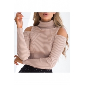 Cold Shoulder Turtleneck Long Sleeve Plain Slim Knit Sweater