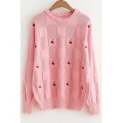 Cherry Embroidered Round Neck Long Sleeve Leisure Sweater