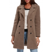 Notched Lapel Collar Long Sleeve Double Breasted Faux Fur Coat