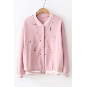 Cartoon Fox Tree Embroidered Contrast Striped Trim Stand Collar Long Sleeve Button Closure Baseball Jacket