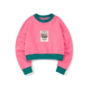 Color Block Graphic Printed Round Neck Long Sleeve Cropped Sweatshirt