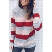 Color Block Striped Round Neck Long Sleeve Leisure Sweater