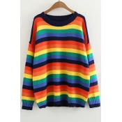 Rainbow Striped Round Neck Long Sleeve Loose Sweater