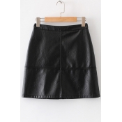 Chic High Waist Zip Fly Back Plain PU Mini A-Line Skirt