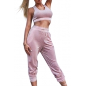 Plain Round Neck Sleeveless Cropped Tank with Drawstring Waist Leisure Pants Co-ords