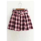 Tartan Printed Elastic Waist Loose Mini A-Line Skirt with Belt