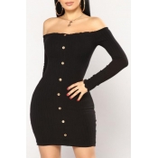 Button Front Off The Shoulder Long Sleeve Knit Mini Bodycon Dress