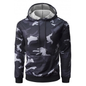 Camouflage Print Ribbed Detail Patch Long Sleeve Hoodie