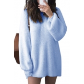 Chic Round Neck Long Sleeve Ribbed Plain Tunic Sweater