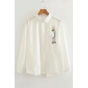 Cat Fish Balloon Embroidered Pocket Lapel Collar Button Placket Leisure Shirt