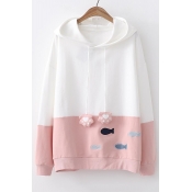 Color Block Fish Embroidered Bear's Paw Embellished Drawstring Hood Long Sleeve Hoodie