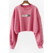 Chinese Graphic Printed Round Neck Long Sleeve Cropped Sweatshirt