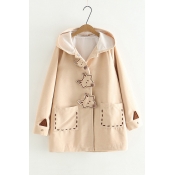 Cute Fox Buttoned Placket Long Sleeve Hooded Coat with Pockets