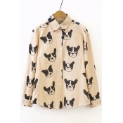 Dog All Over Printed Lapel Collar Long Sleeve Button Closure Shirt