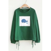 Whale Printed Round Neck Long Sleeve Lace Up Detail Sweatshirt