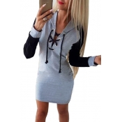 Color Block Lace Up Front Long Sleeve Slim Mini Hoodie Dress