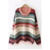 Vintage Color Block Striped Long Sleeve Round Neck Pullover Sweater