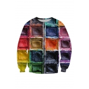 Stylish 3D Colorful Paint Check Printed Crewneck Long Sleeve Hoodie