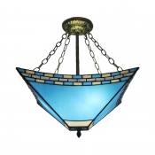3-Light Semi-Flush Ceiling Fixture in Tiffany Style with Blue Stained Glass, 18-Inch Wide Lampshade