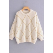 Geometric Bright Silk Detail Round Neck Long Sleeve Pullover Sweater