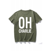 OH CHARLIE Letter Print Short Sleeve Round Neck T-Shirt