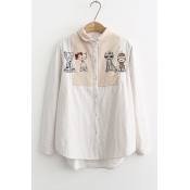 Lovely Cat Embroidered Contrast Patchwork Lapel Collar Button Front Long Sleeve Striped Shirt