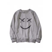 Casual Smile Face Print Round Neck Long Sleeve Sweatshirt