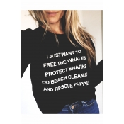 J JUST WANT TO FREE Letter Print Round Neck Long Sleeve Pullover Sweatshirt