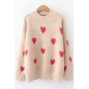 Round Neck Long Sleeve Heart Pattern Loose Sweater