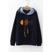 Fish Embroidered Drawstring Hood Long Sleeve Hoodie with Pocket