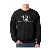 HERE I AM Letter Print Round Neck Long Sleeve Pullover Sweatshirt