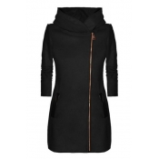 Long Sleeve Plain Offset Zip Closure Tunic Hooded Coat for Woman