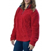 Teddy Bear Plain Long Sleeve Faux Fur Stand Collar Half-Zip Sweatshirt