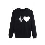 Fashion Heart Print Round Neck Long Sleeve Sweatshirt