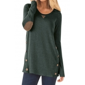 Fashion Patched Embellished Long Sleeve Round Neck Button Side Loose T-Shirt