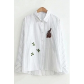 Cute Long Sleeve White Cotton Stripes Cartoon Rabbit Embroidered Lapel Collar Button Down Shirt