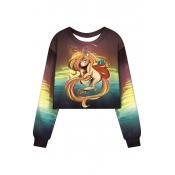 Long Sleeve Round Neck Wave Unicorn Pattern Cropped Loose Fitted Sweatshirt