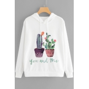 Cute Letter YOU AND ME Cactus Pattern Long Sleeve Winter's White Hoodie