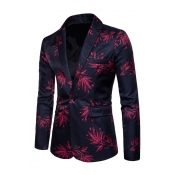 Fancy Floral Pattern Long Sleeve Notched Lapel Collar Single Button Slim Fitted Blazer for Men
