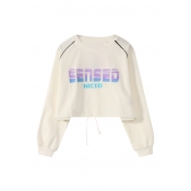 SENSED NICED Letter Print Round Neck Long Sleeve Loose Casual Cropped Sweatshirt