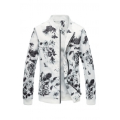 White Floral Pattern Stand Collar Long Sleeve Zip Placket Regular Fit Jacket