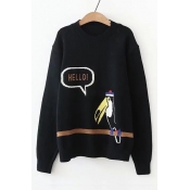 Letter HELLO Bird Printed Crewneck Long Sleeve Pullover Sweater