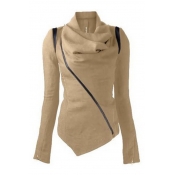 Trendy Cowl Neck Contrast Sloping Zip Front Long Sleeve Asymmetric Hem Coat