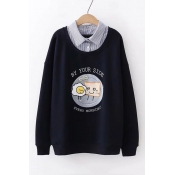 Cartoon Printed Striped Lapel Collar Patched Long Sleeve Fitted Sweatshirt