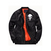 Trendy Skull Logo Printed Long Sleeve Stand Collar Zip Up Bomber Jacket for Juniors