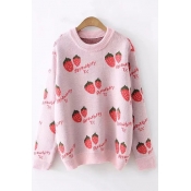 Popular All Over Strawberry Printed Long Sleeve Crewneck Pink Knit Fitted Sweater
