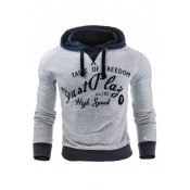 New Fashion Color Block Letter Printed Long Sleeve Slim Fitted Gray Hoodie for Men