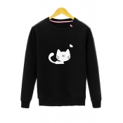 Lovely Cartoon Heart Cat Pattern Round Neck Long Sleeve Leisure Pullover Sweatshirt
