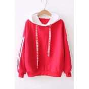Colorblock Striped Printed Long Sleeve Letter Ribbon Casual Loose Hoodie