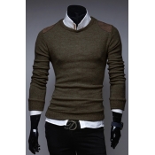 Men's Chic Patched Shoulder Round Neck Long Sleeve Basic Slim Fitted Sweater